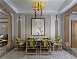 中式餐厅装修效果搭配绿色靠枕提亮整体设计效果