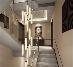 复式楼装修效果图楼梯间吊灯与墙面设计