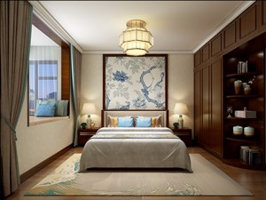 小卧室装修效果图中式衣帽柜搭配中国风床头挂画设计