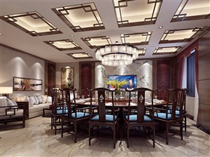新中式餐厅装修效果图中式大型圆桌中式吊顶格局设计