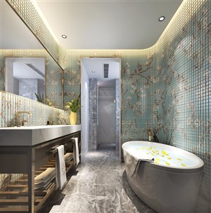 浴室装修效果图蓝色梅花小格子瓷砖搭配浴缸洗漱台设计