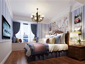 东南亚风格卧室装修效果图蓝白色调个性床头背景墙设计