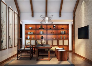 新中式书房装修效果图背景墙采用竖条形兰花拼接设计房间显高