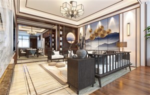 客厅装修效果图木质全围挡沙发新中式风格设计