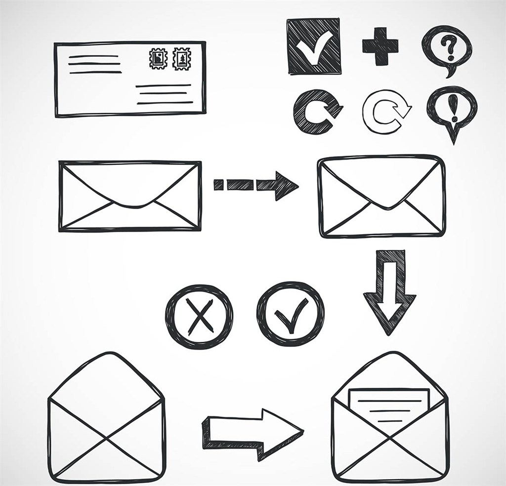 黑白手绘线稿涂鸦信封电子邮件选择符号网页设计图标矢量素材