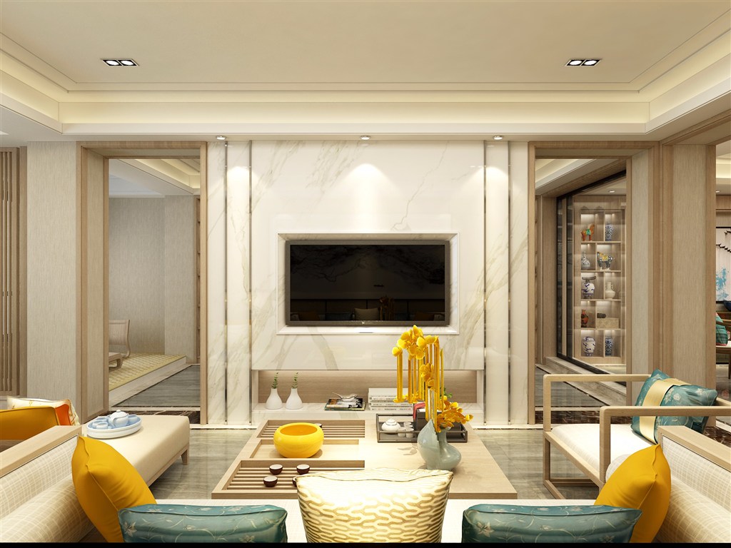 客厅装修效果图黄色装饰品提亮整体搭配设计