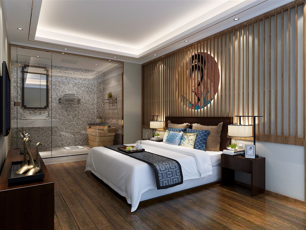 中式卧室装修效果图带卫生间亮点在床头背景墙仿古设计