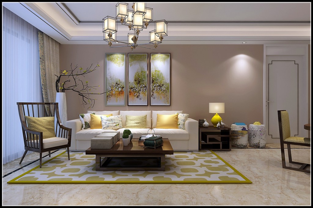客厅装修效果图黄色基色调中式茶几家具设计