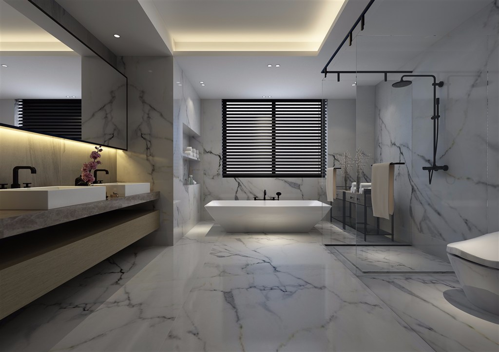 文理反光瓷砖设计浴室装修效果图带浴缸