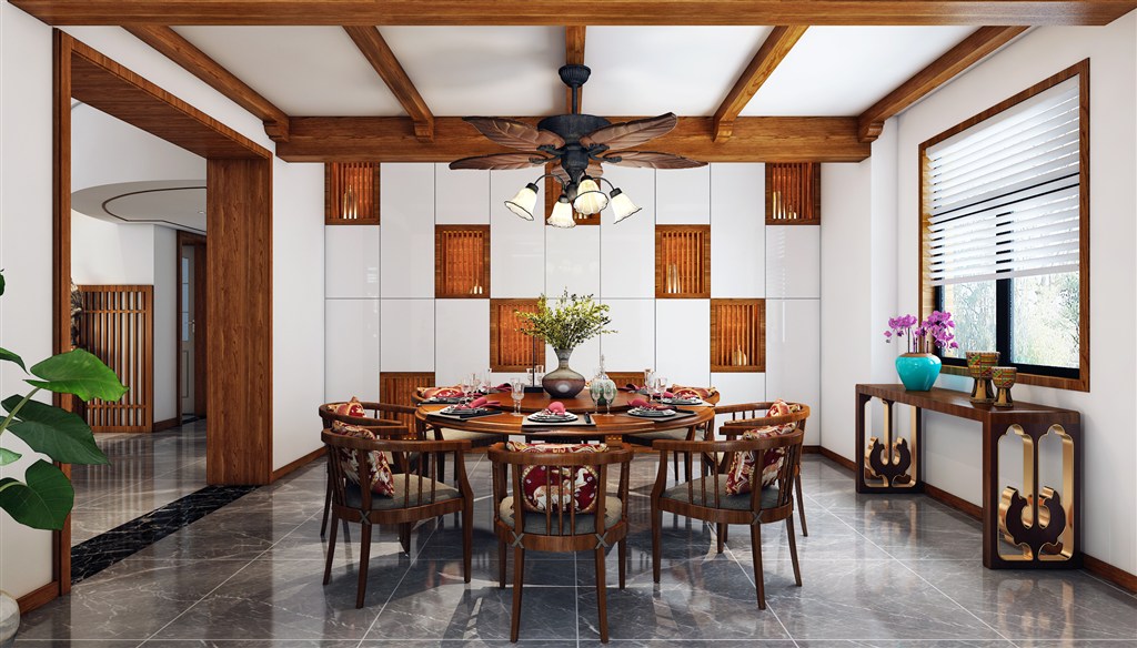 圆桌派餐厅装修效果图纯实木家具新中式风格设计