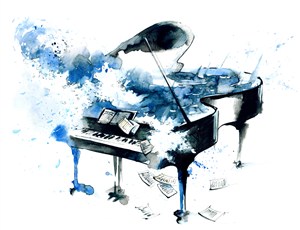 钢琴上飘落的乐谱抽象水彩高清图片