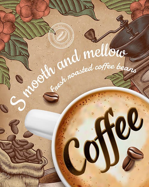 咖啡豆花卉咖啡机复古咖啡海报矢量素材