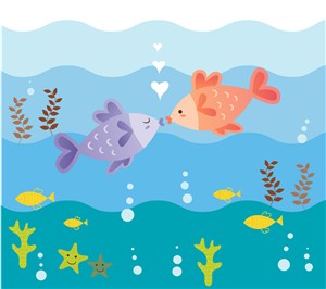 卡通水中亲吻的鱼矢量素材 接吻鱼 情人节素材矢量 蓝色卡通海洋