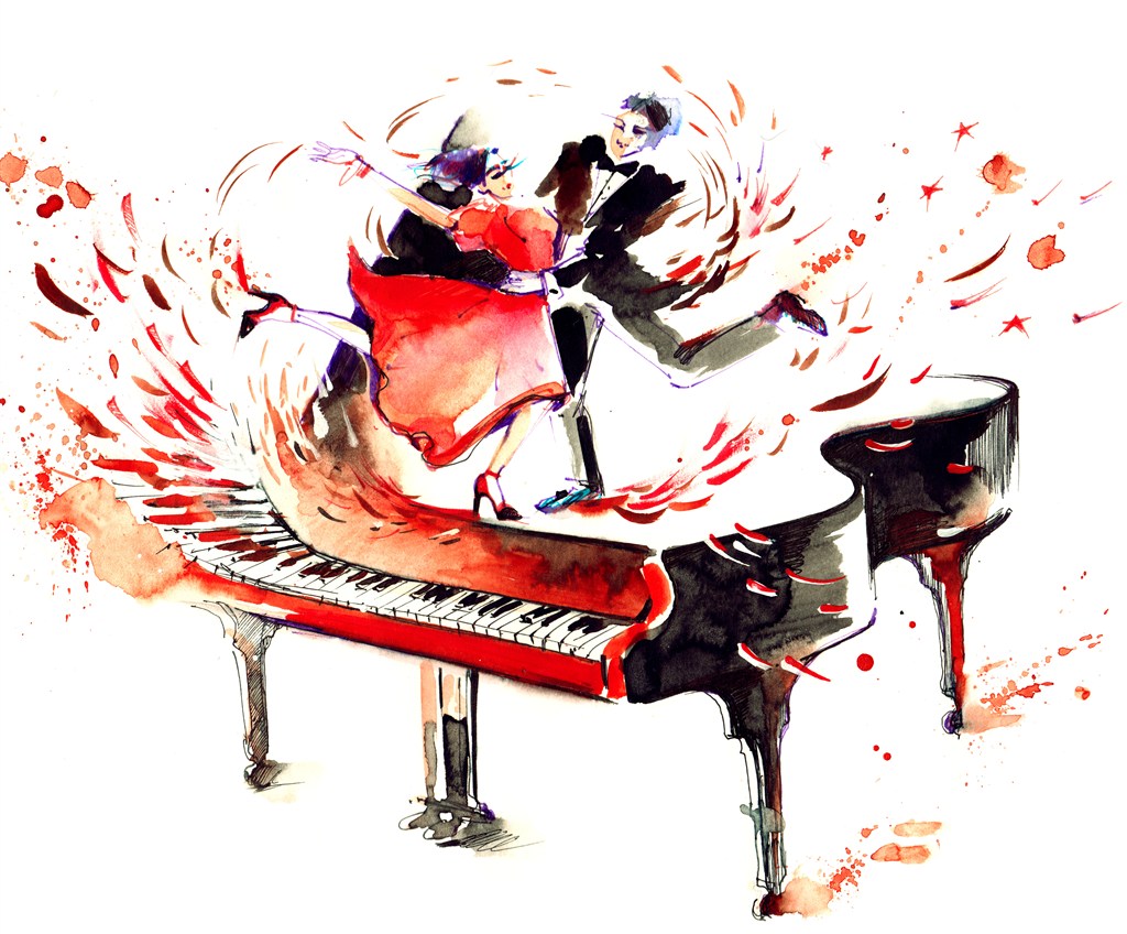 在钢琴上翩翩起舞的情侣高清图片