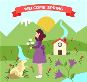 创意春季采花女子和宠物狗矢量图