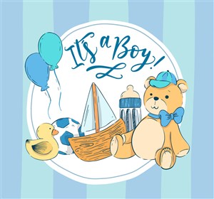 创意蓝色男婴玩具矢量素材帆船气球奶瓶小熊