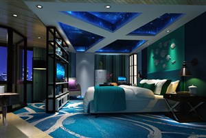 蓝色调酒店客房装修效果图星空不规则形状吊顶蓝色地毯搭配设计