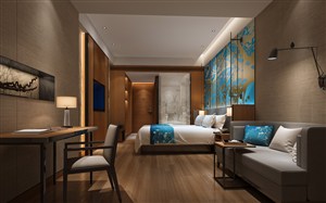 酒店客房装修效果图蓝色床头背景墙提亮整体设计