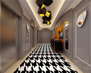 黑白灰色调走廊电梯井装修效果图一款黑白不规则图形地板点亮设计