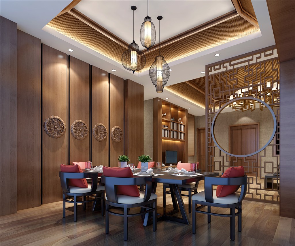 中式餐厅套房包间装修效果图仿古屏风墙面灯饰桌椅等家具设计