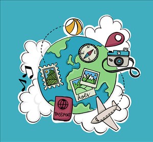 卡通儿童彩绘线稿地球环球旅行飞机护照相机指南针邮票元素组合插画矢量素材