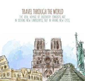 卡通手绘淡彩世界旅行著名建筑插画矢量图