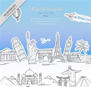 卡通手绘线稿环球旅行城市标志建筑物插画矢量素材