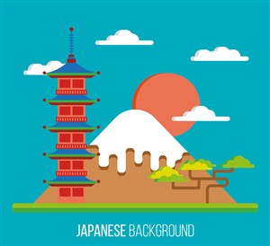 卡通扁平日本富士山太阳云朵松树古建筑塔风景插画矢量素材