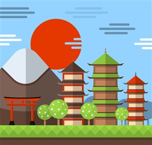 卡通扁平化日本古建筑塔神社鸟居山峦红日风景插画矢量素材