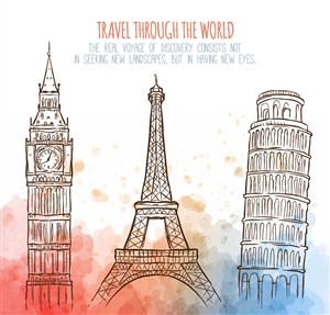 水彩淡彩世界环球著名建筑埃菲尔铁塔比萨斜塔伦敦钟楼卡通插画矢量素材