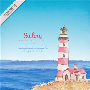 粉色蓝色手绘淡彩条纹灯塔和大海风景插画海报设计矢量素材