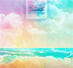 梦幻淡彩唯美大海海浪沙滩云朵风景插画海报设计背景矢量素材