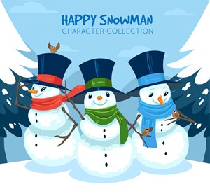 卡通雪中的的3个雪人矢量素材 