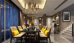 金色调餐厅装修效果图金色吊灯吊顶搭配金色餐椅设计