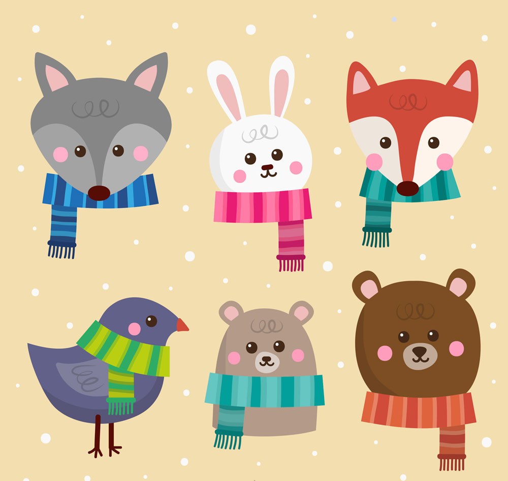 6款冬季围巾动物头像矢量图