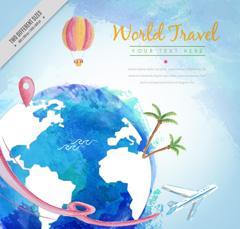水彩彩绘地球热气球飞机世界旅行插画矢量素材