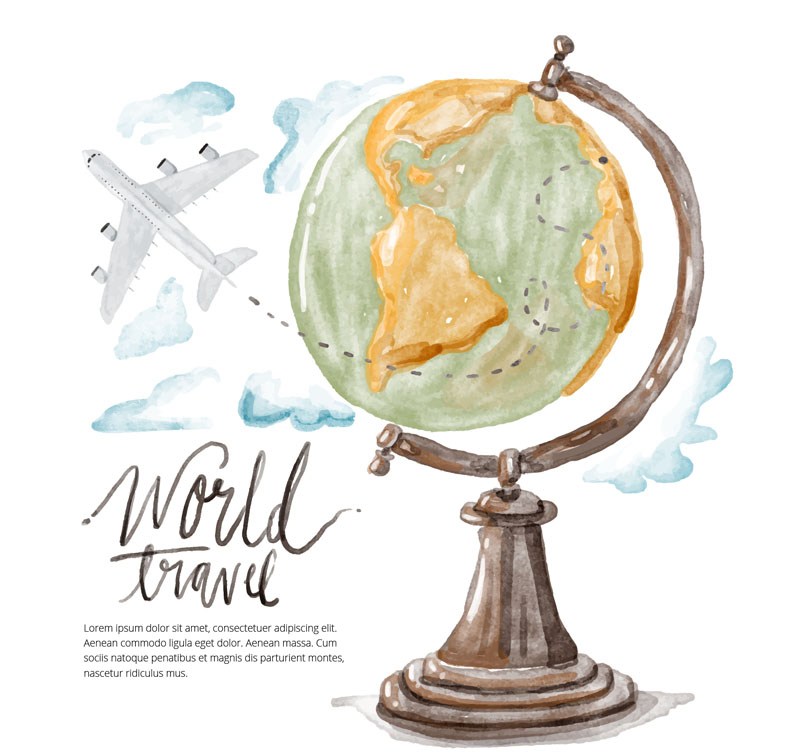 手绘水彩绘环球旅行地球仪飞机插画海报设计矢量素材