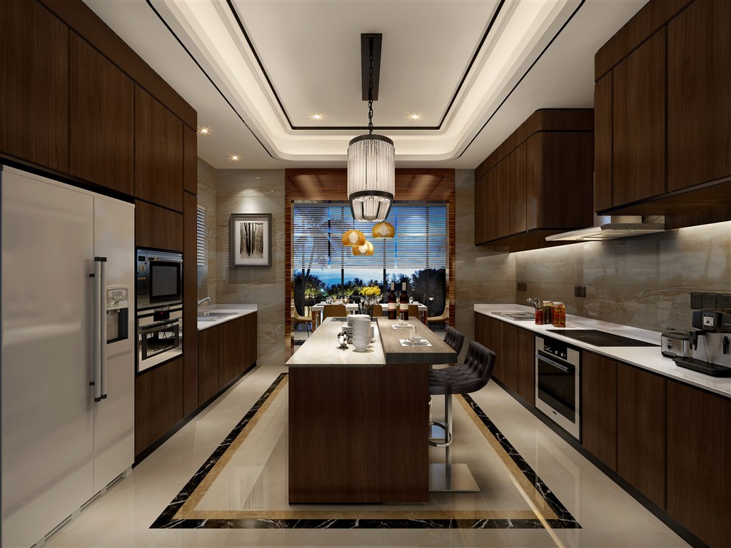白黑色系搭配木质家具设计的厨房装修效果图餐厅一体
