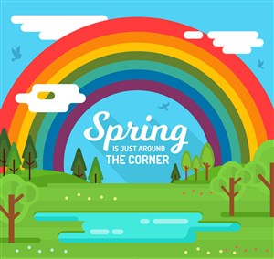 创意春季郊外彩虹风景矢量素材