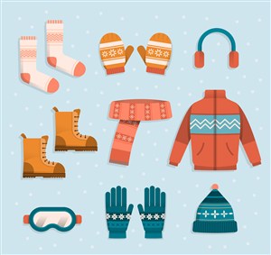 9款创意冬季服饰和配饰矢量图袜子耳机耳麦围巾手套帽子眼镜