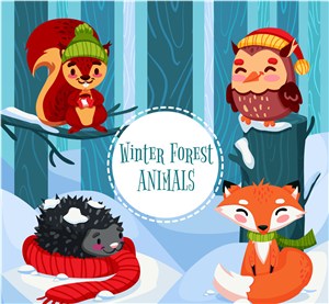 4款卡通冬季森林动物矢量素材松鼠刺猬狐狸
