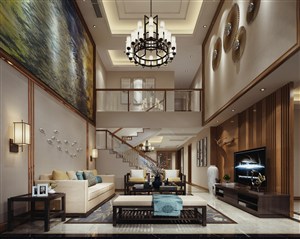 两幅超大壁画装饰的别墅客厅装修效果图设计