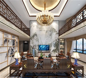 中式别墅客厅装修效果图大型山水画搭配对称中式围挡设计