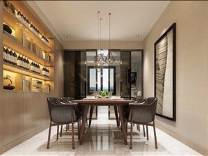 餐厅装修效果图大型酒柜搭配中式风格餐桌椅文雅风格装饰设计