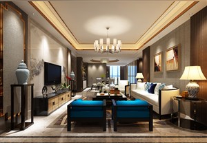 一款中式客厅装修效果图醒目蓝色沙发装饰设计