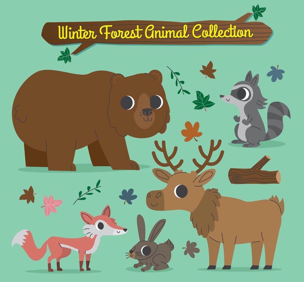 5款手绘冬季森林动物矢量素材松鼠狐狸