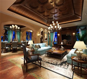 中式风格客厅装修效果图搭配蓝色沙发窗帘装饰设计