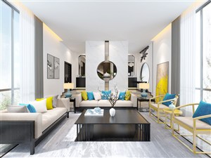 蓝白黄色调干净清新客厅装修效果图设计