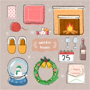 冬季圣诞节元素毛线红酒雪人火炉元素PNG