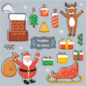 圣诞手绘矢量元素圣诞老人麋鹿雪橇圣诞礼物等元素合集PNG